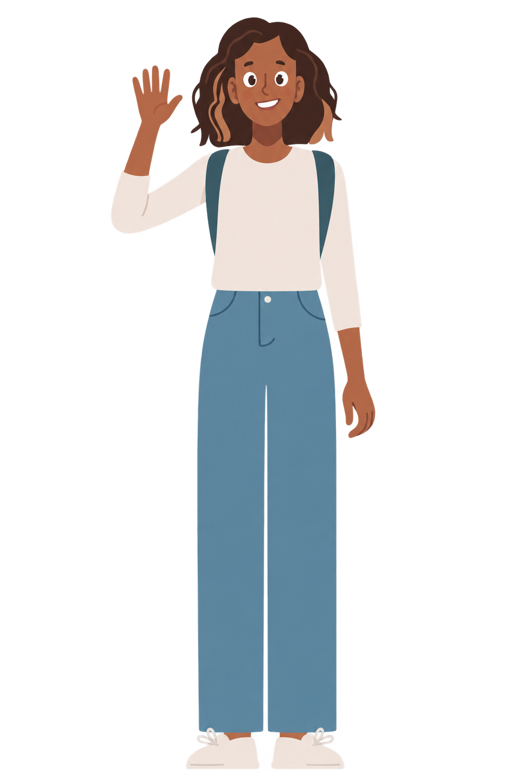 Liatta’s illustrated companion with one hand raised in a welcoming wave